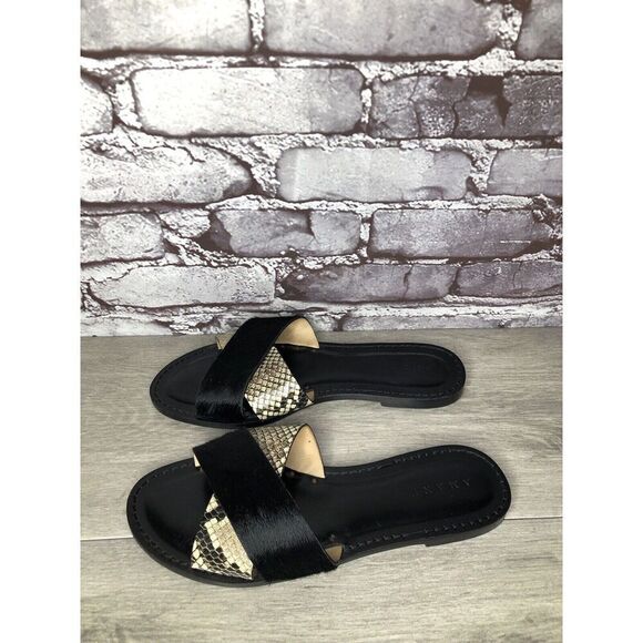 Amanu Black Calf Hair Leather Python Cross Strap Slides Sandals Women 9M US/40EU - Picture 6 of 16